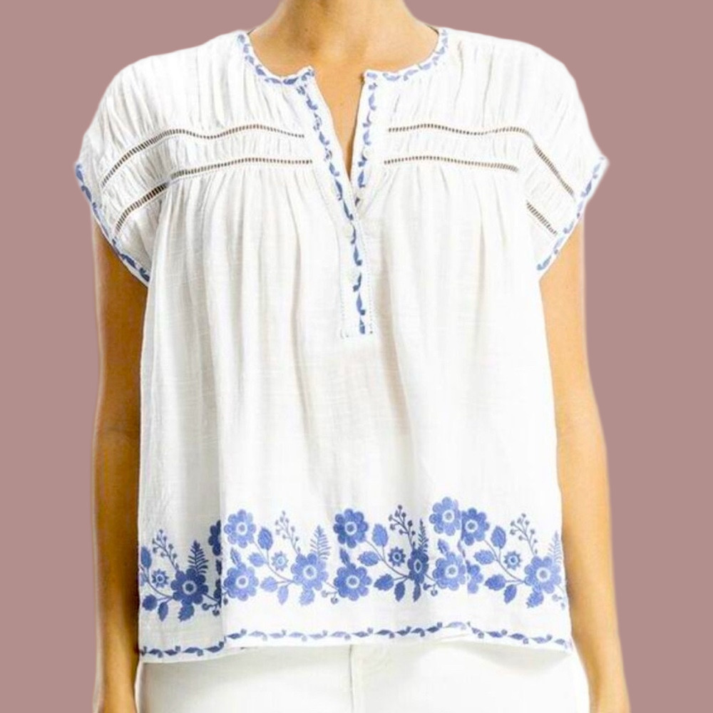 Max Studio London Women’s Embroidered Cap Sleeve Peasant Blouse OVERSIZED